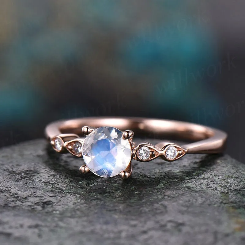 5mm round natural moonstone ring gold vintage moonstone engagement ring 14k rose gold June birthstone art deco wedding women bridal ring sold by Willwork Jewelry