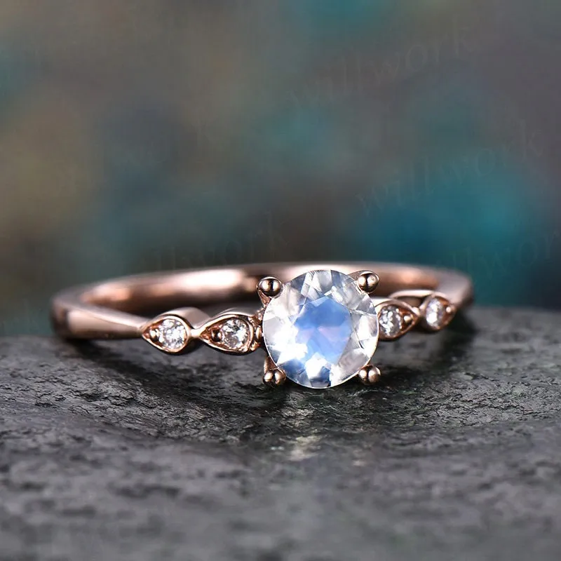 5mm round natural moonstone ring gold vintage moonstone engagement ring 14k rose gold June birthstone art deco wedding women bridal ring sold by Willwork Jewelry product image thumbnail 3