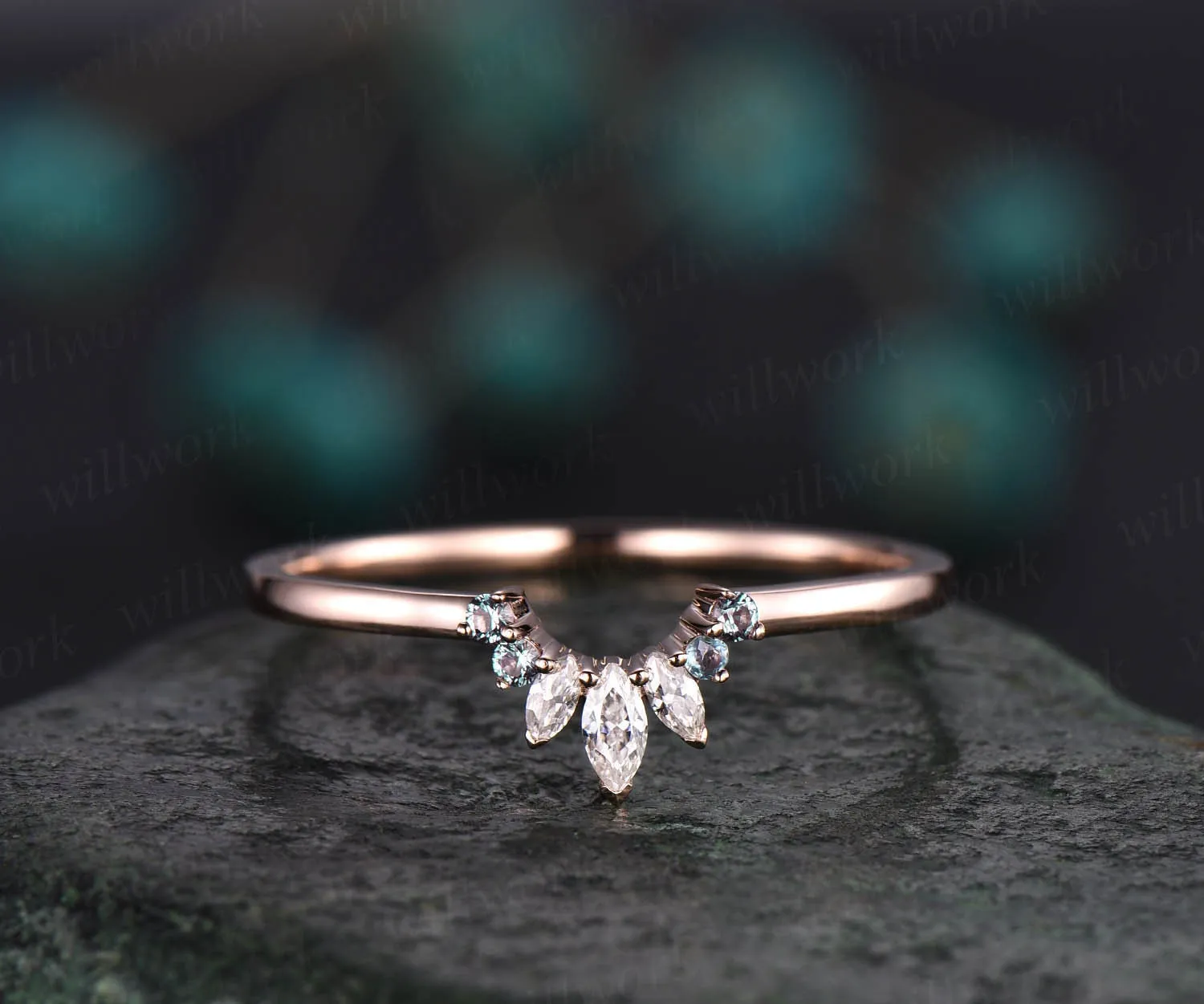 Unique vintage marquise moissanite wedding band alexandrite ring color change alexandrite wedding ring personalised ring anniversary gift sold by Willwork Jewelry product image thumbnail 3