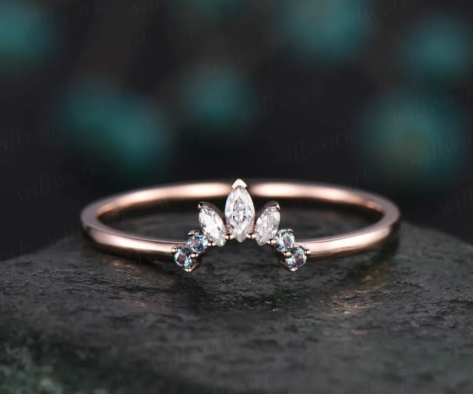 Unique vintage marquise moissanite wedding band alexandrite ring color change alexandrite wedding ring personalised ring anniversary gift sold by Willwork Jewelry