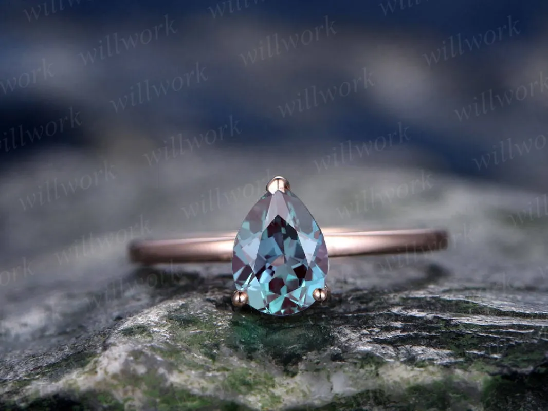 Alexandrite engagement ring solitaire tear drop Alexandrite ring vintage solid 14k rose gold ring June birthstone wedding Anniversary ring made by Willwork Jewelry