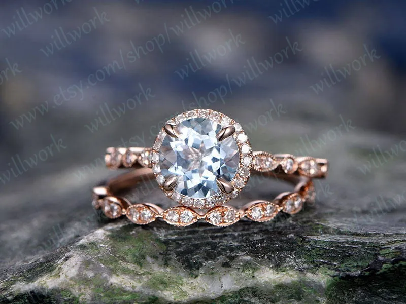 Blue aquamarine engagement ring set solid 14k rose gold handmade diamond halo wedding ring 2PC stacking ring round March birthstone ring set sold by Willwork Jewelry product image thumbnail 3