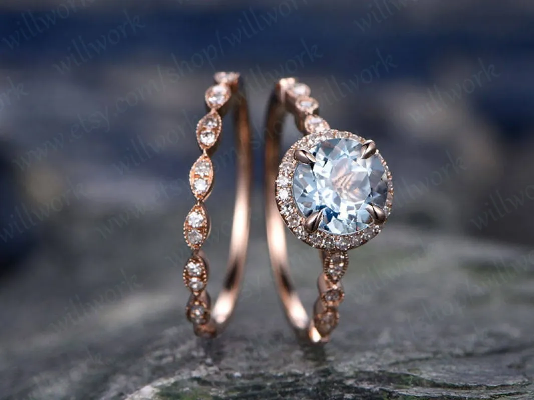 Blue aquamarine engagement ring set solid 14k rose gold handmade diamond halo wedding ring 2PC stacking ring round March birthstone ring set sold by Willwork Jewelry