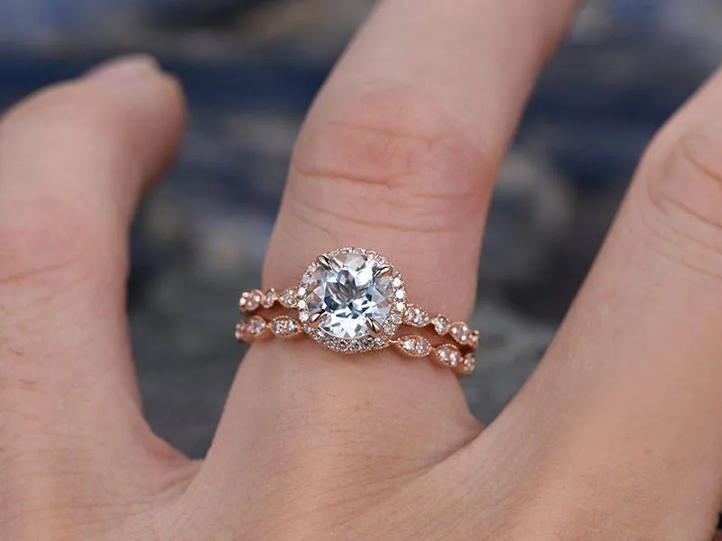 Blue aquamarine engagement ring set solid 14k rose gold handmade diamond halo wedding ring 2PC stacking ring round March birthstone ring set sold by Willwork Jewelry product image thumbnail 2