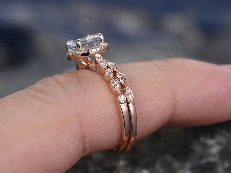 Blue aquamarine engagement ring set solid 14k rose gold handmade diamond halo wedding ring 2PC stacking ring round March birthstone ring set sold by Willwork Jewelry product image thumbnail 5