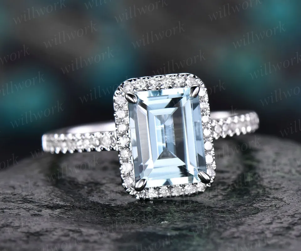 Emerald cut aquamarine engagement ring 14k white gold real diamond antique gift women March birthstone promise wedding bridal ring for her sold by Willwork Jewelry
