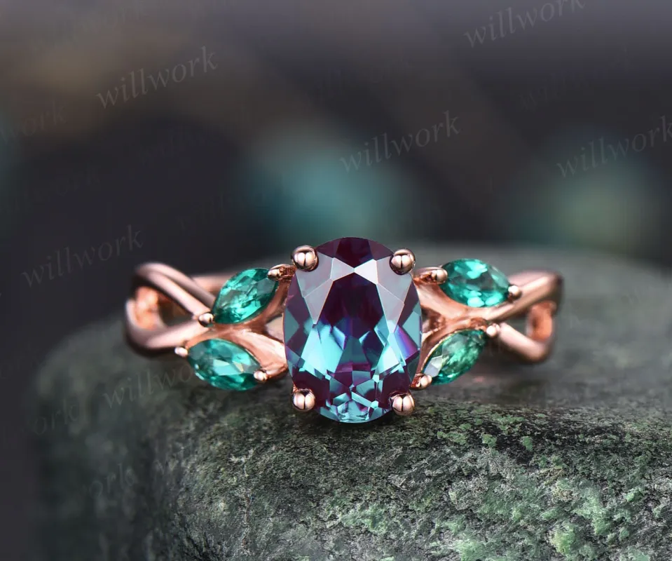 Unique oval cut Alexandrite engagement ring art deco cluster vintage emerald ring for women 18k rose gold silver infinity twisted ring band sold by Willwork Jewelry