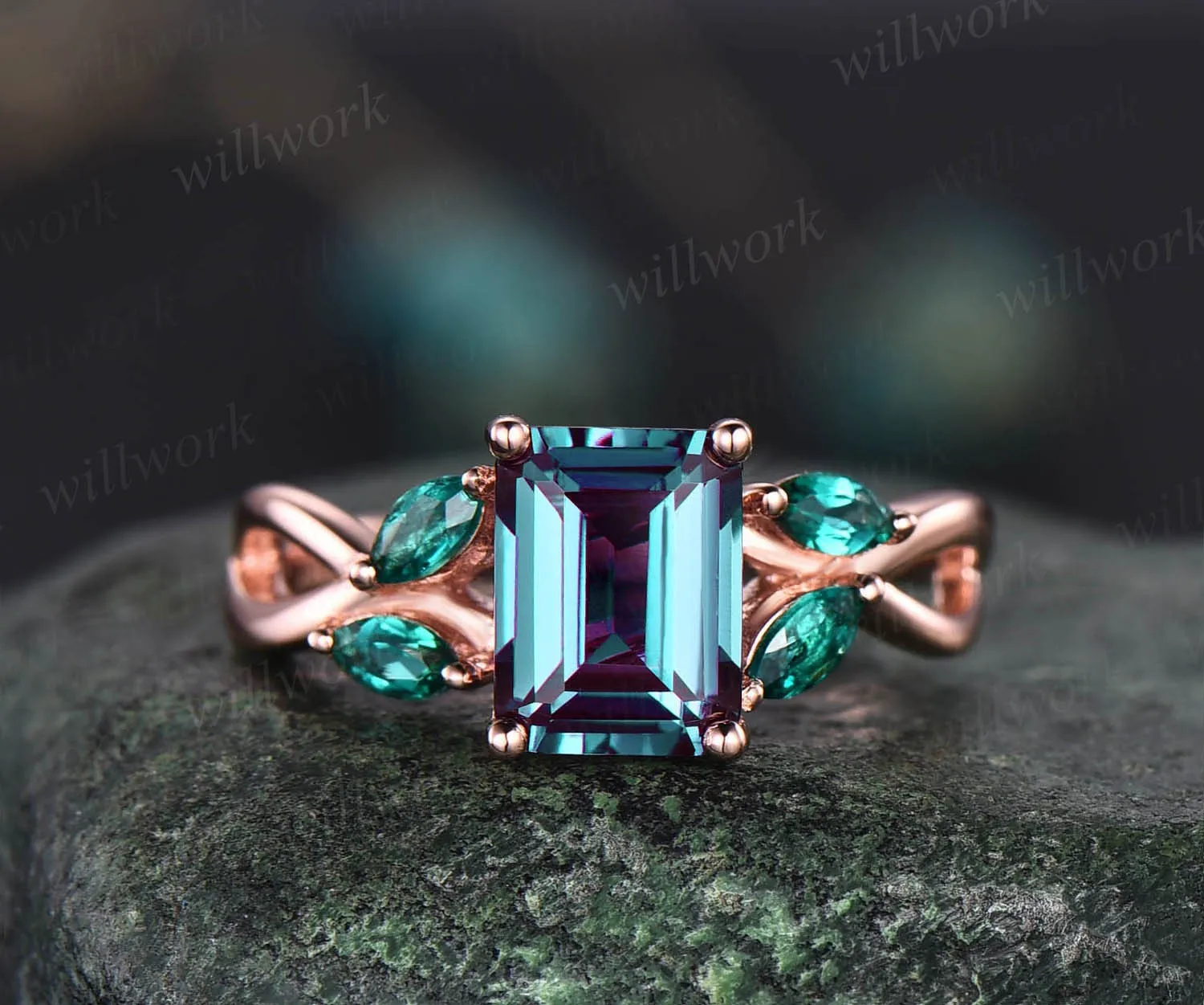 Unique emerald cut Alexandrite engagement ring art deco cluster marquise emerald ring for women 14k rose gold silver infinity twisted ring sold by Willwork Jewelry product image thumbnail 3