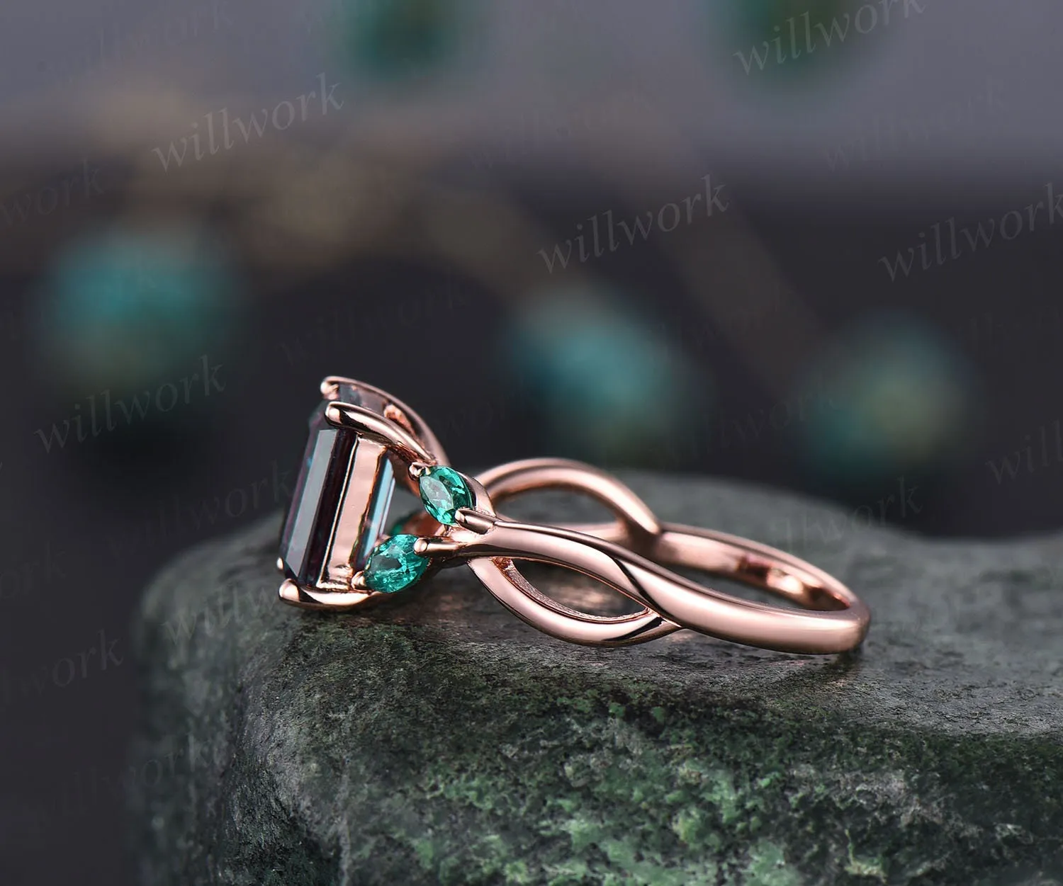 Unique emerald cut Alexandrite engagement ring art deco cluster marquise emerald ring for women 14k rose gold silver infinity twisted ring sold by Willwork Jewelry product image thumbnail 4