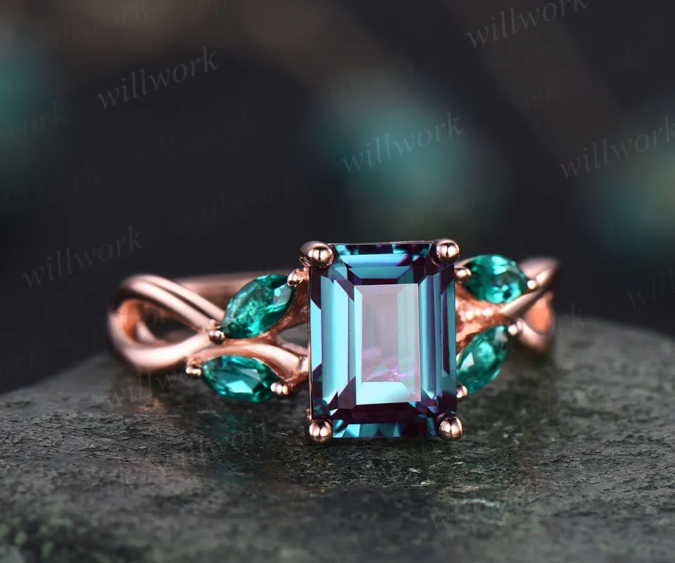Unique emerald cut Alexandrite engagement ring art deco cluster marquise emerald ring for women 14k rose gold silver infinity twisted ring sold by Willwork Jewelry