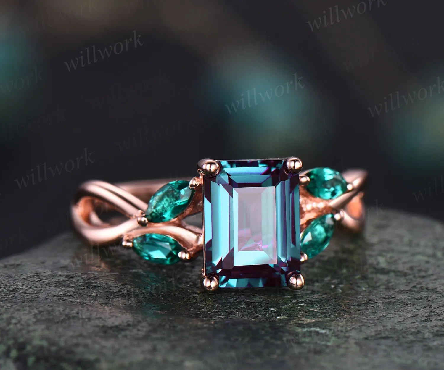 Unique emerald cut Alexandrite engagement ring art deco cluster marquise emerald ring for women 14k rose gold silver infinity twisted ring sold by Willwork Jewelry