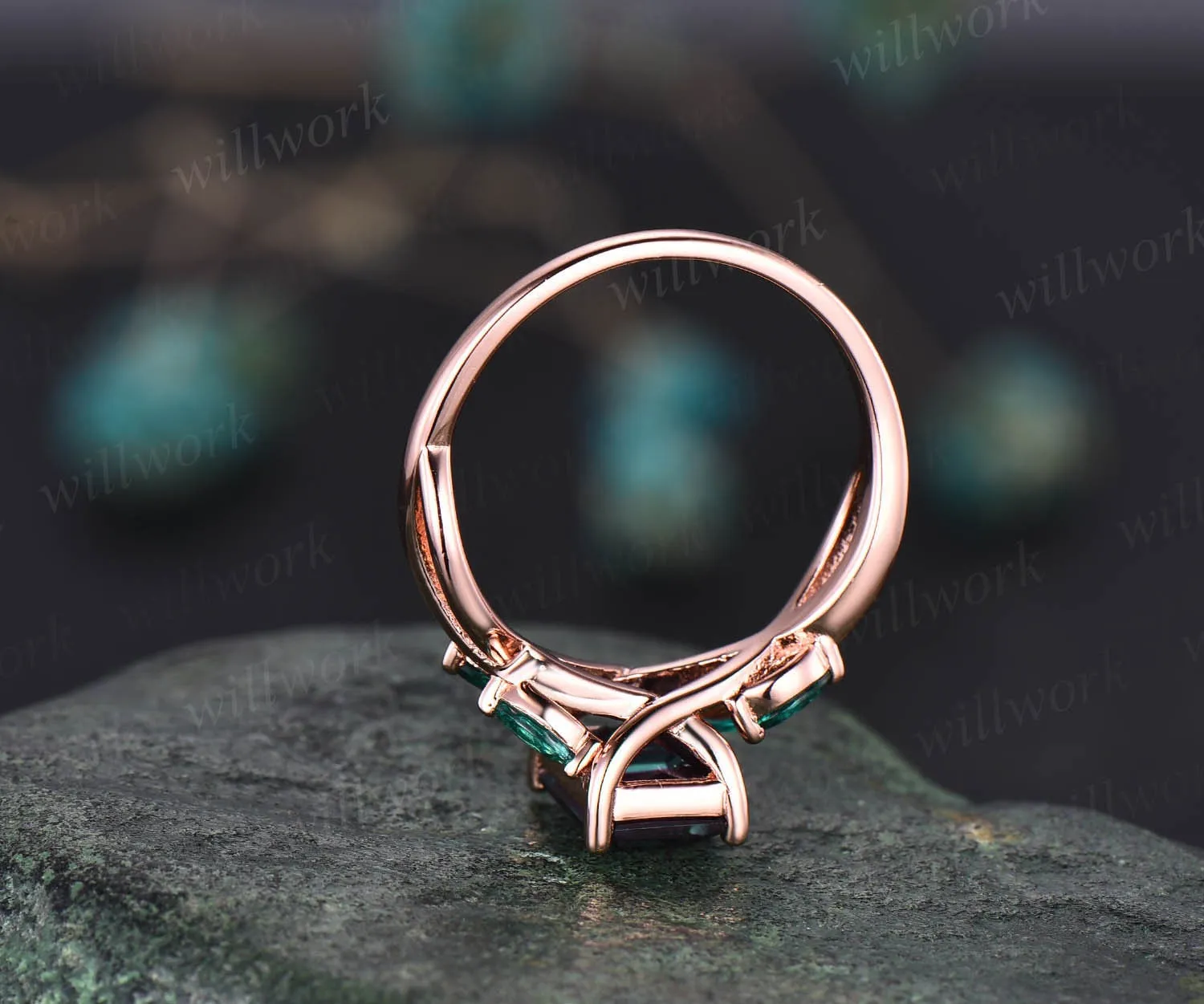 Unique emerald cut Alexandrite engagement ring art deco cluster marquise emerald ring for women 14k rose gold silver infinity twisted ring sold by Willwork Jewelry product image thumbnail 5