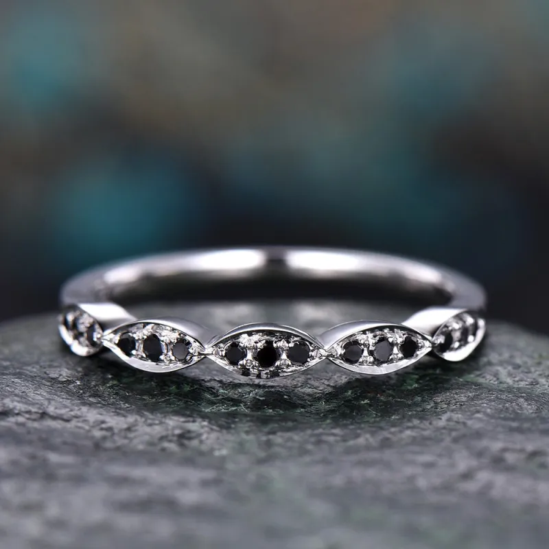 Black diamond wedding band-Solid 14k white gold-marquise diamond stacking ring-half eternity band-stacking matching band-Black diamond ring sold by Willwork Jewelry