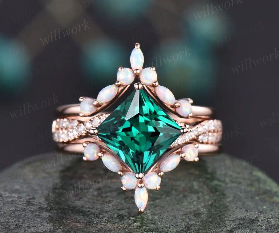 Princess cut emerald engagement ring set vintage opal ring set marquise ring set infinity moissanite ring set rose gold ring women jewelry sold by Willwork Jewelry