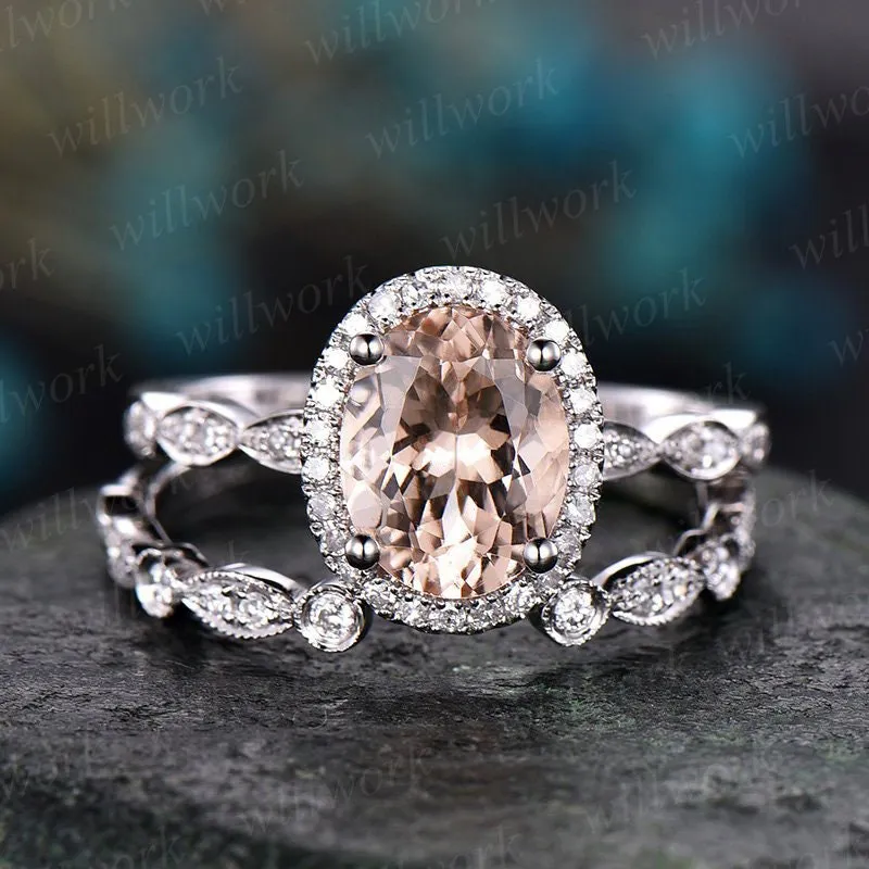Morganite engagement ring set handmade solid 14k white gold ring under halo open diamond ring band 7x9 oval cut gemstone bridal ring set sold by Willwork Jewelry