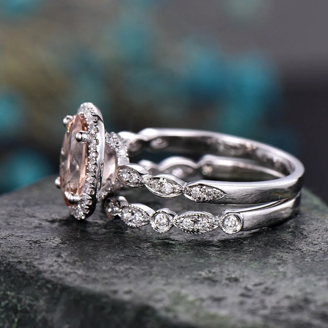 Morganite engagement ring set handmade solid 14k white gold ring under halo open diamond ring band 7x9 oval cut gemstone bridal ring set sold by Willwork Jewelry product image thumbnail 4