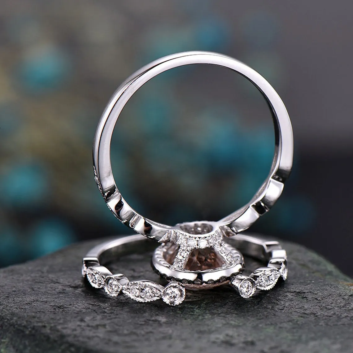 Morganite engagement ring set handmade solid 14k white gold ring under halo open diamond ring band 7x9 oval cut gemstone bridal ring set sold by Willwork Jewelry product image thumbnail 5