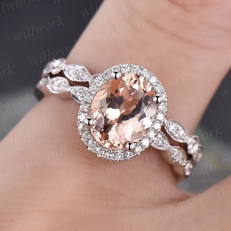 Morganite engagement ring set handmade solid 14k white gold ring under halo open diamond ring band 7x9 oval cut gemstone bridal ring set sold by Willwork Jewelry product image thumbnail 2