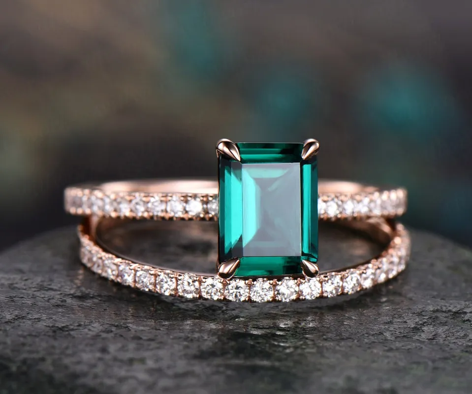 2pcs diamond ring emerald cut emerald engagement ring 14k rose gold May birthstone ring vintage emerald wedding bridal set custom jewelry sold by Willwork Jewelry