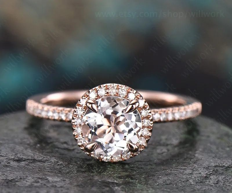 White topaz engagement ring 14k rose gold diamond halo ring round white topaz ring vintage unique gift bridal promise wedding ring for her sold by Willwork Jewelry product image thumbnail 3