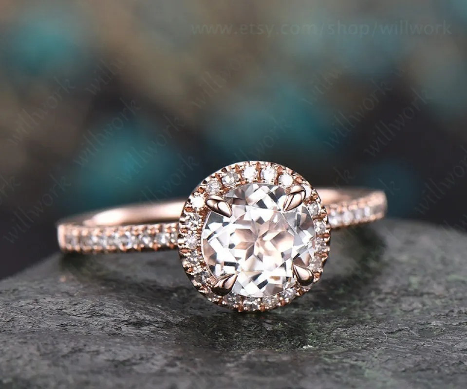 White topaz engagement ring 14k rose gold diamond halo ring round white topaz ring vintage unique gift bridal promise wedding ring for her sold by Willwork Jewelry