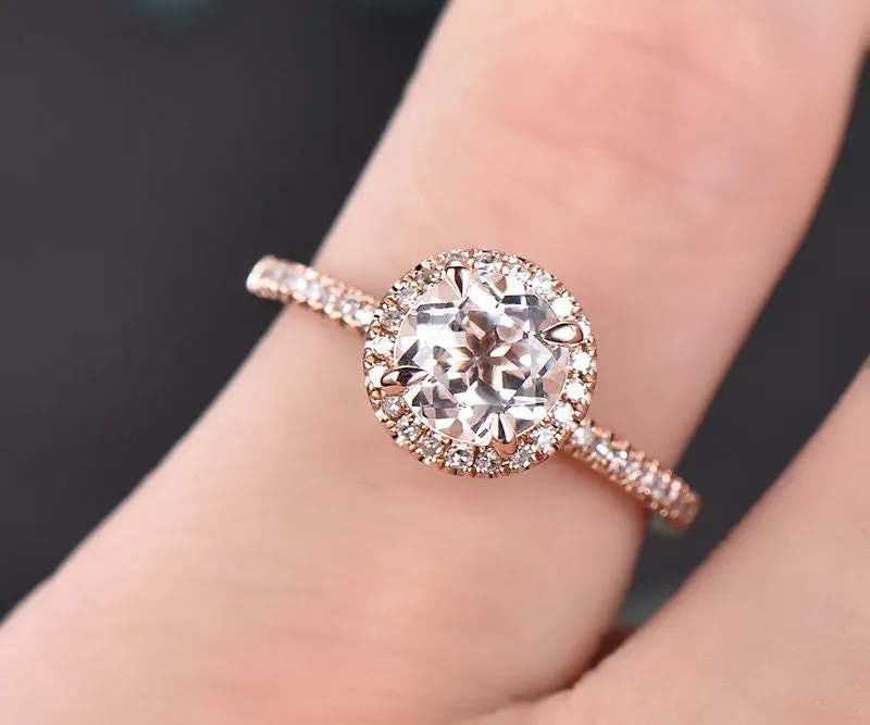 White topaz engagement ring 14k rose gold diamond halo ring round white topaz ring vintage unique gift bridal promise wedding ring for her sold by Willwork Jewelry product image thumbnail 2