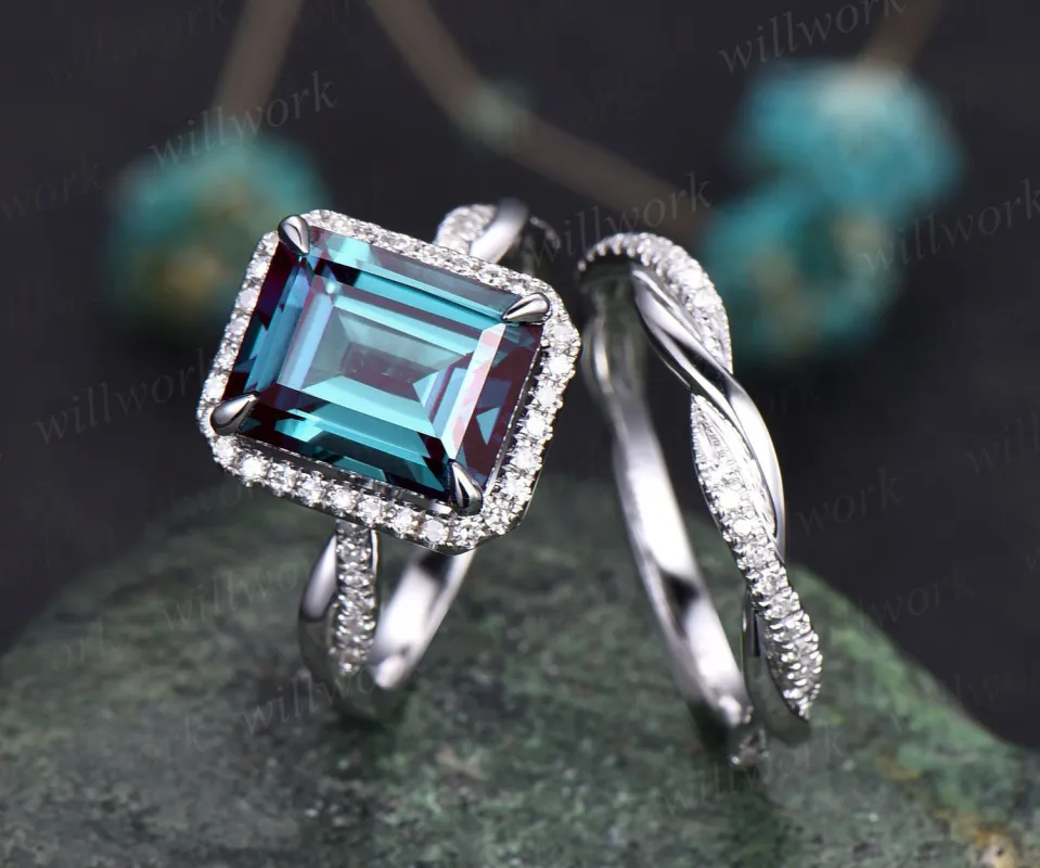 Unique Alexandrite ring vintage emerald cut Alexandrite engagement ring set white gold halo infinity diamond ring for women wedding ring set sold by Willwork Jewelry