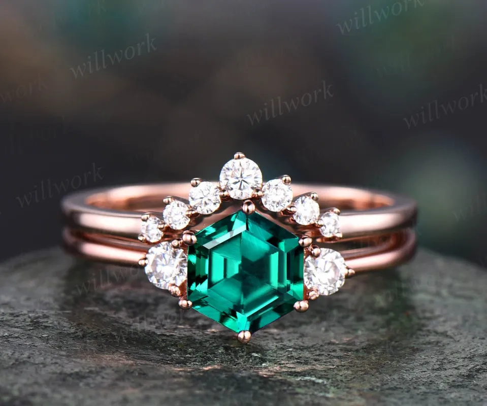 Hexagon emerald engagement ring set rose gold Minimalist unique vintage three stone moissanite engagement ring wedding ring set for women sold by Willwork Jewelry