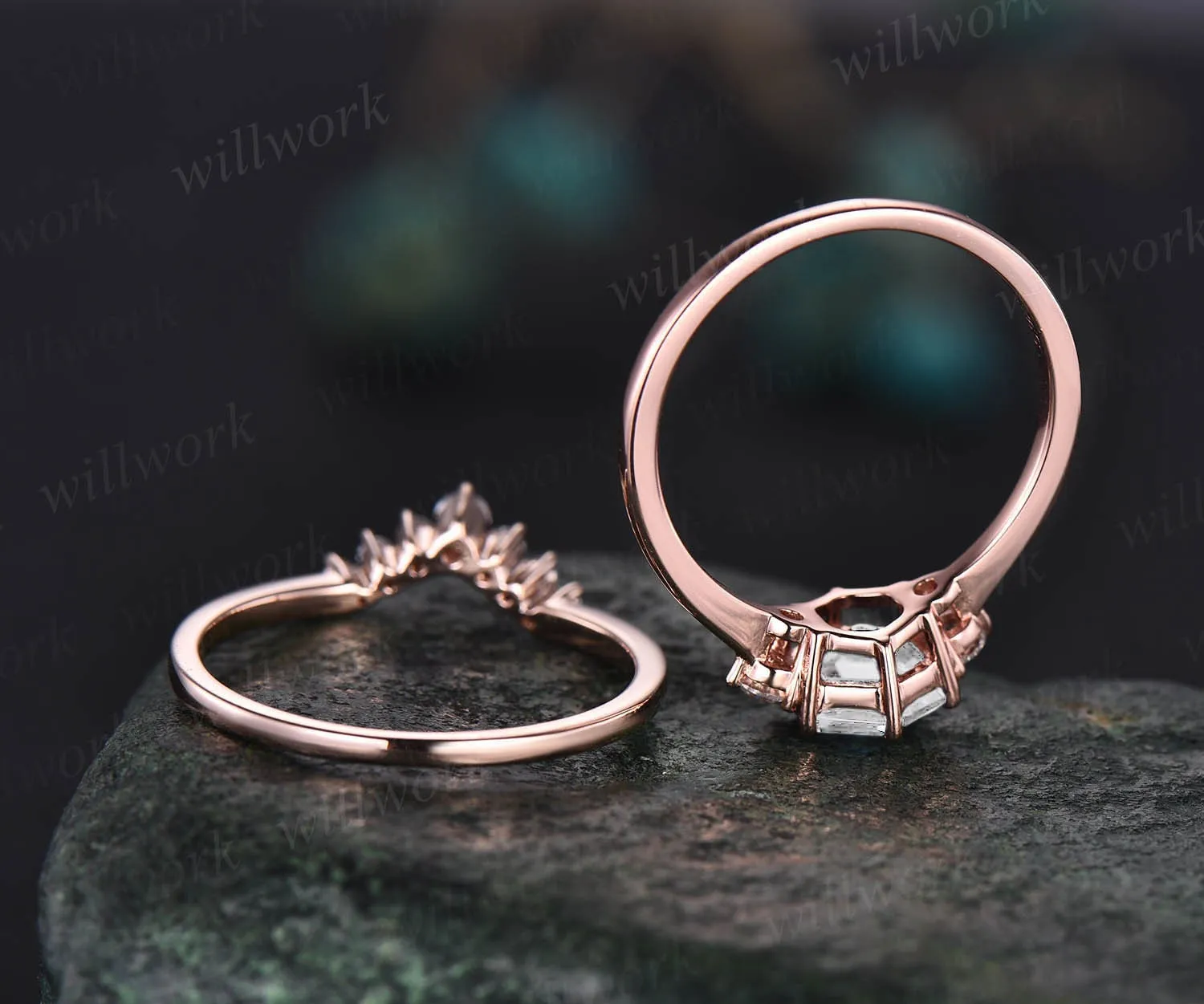 Hexagon moissanite engagement ring set rose gold Minimalist unique vintage three stone engagement ring for women promise wedding ring set sold by Willwork Jewelry product image thumbnail 4