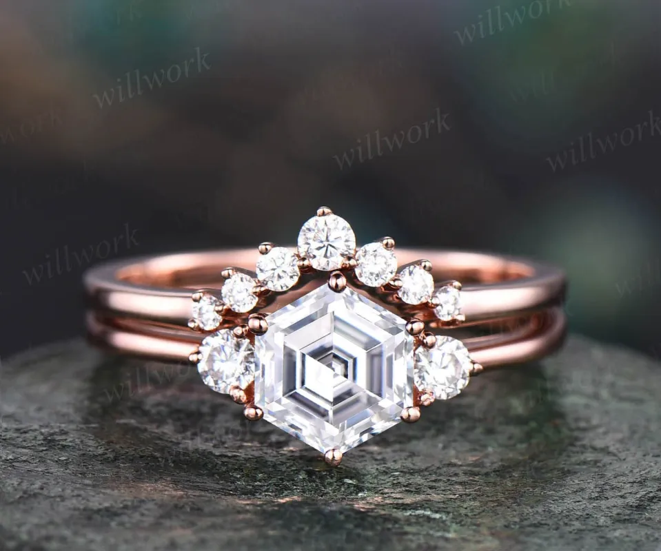 Hexagon moissanite engagement ring set rose gold Minimalist unique vintage three stone engagement ring for women promise wedding ring set sold by Willwork Jewelry