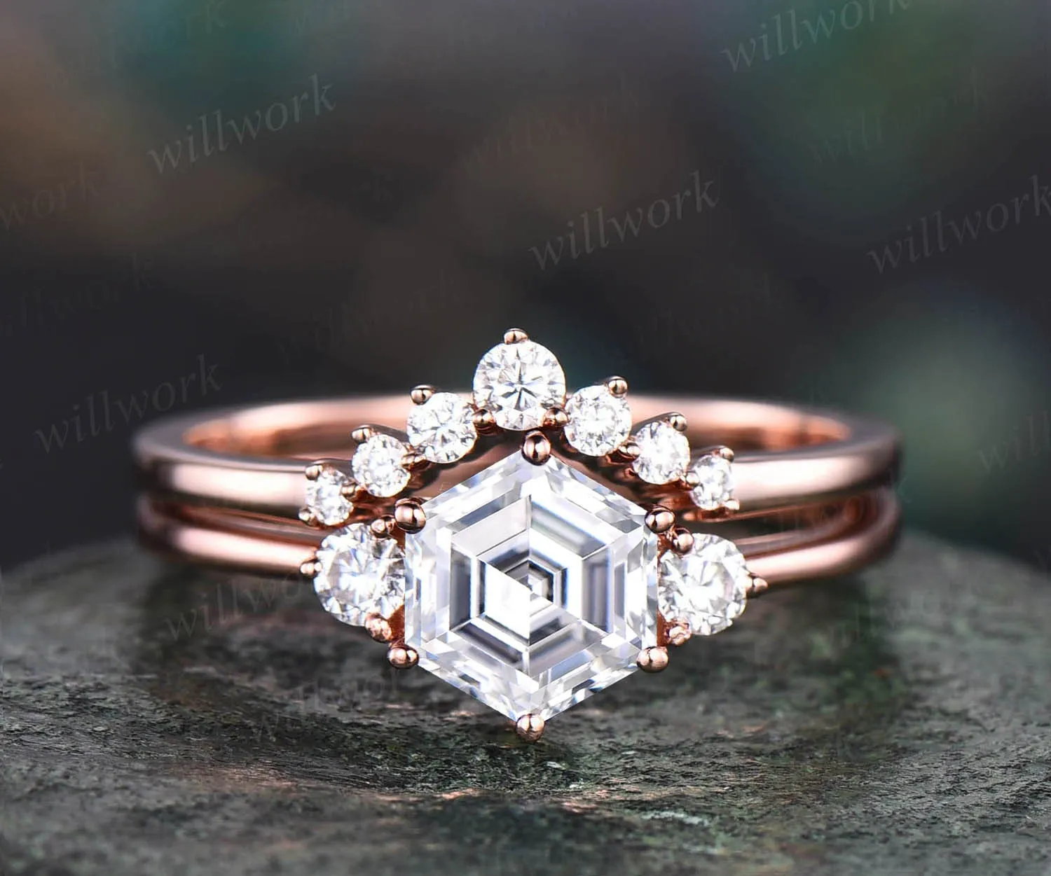 Hexagon moissanite engagement ring set rose gold Minimalist unique vintage three stone engagement ring for women promise wedding ring set sold by Willwork Jewelry