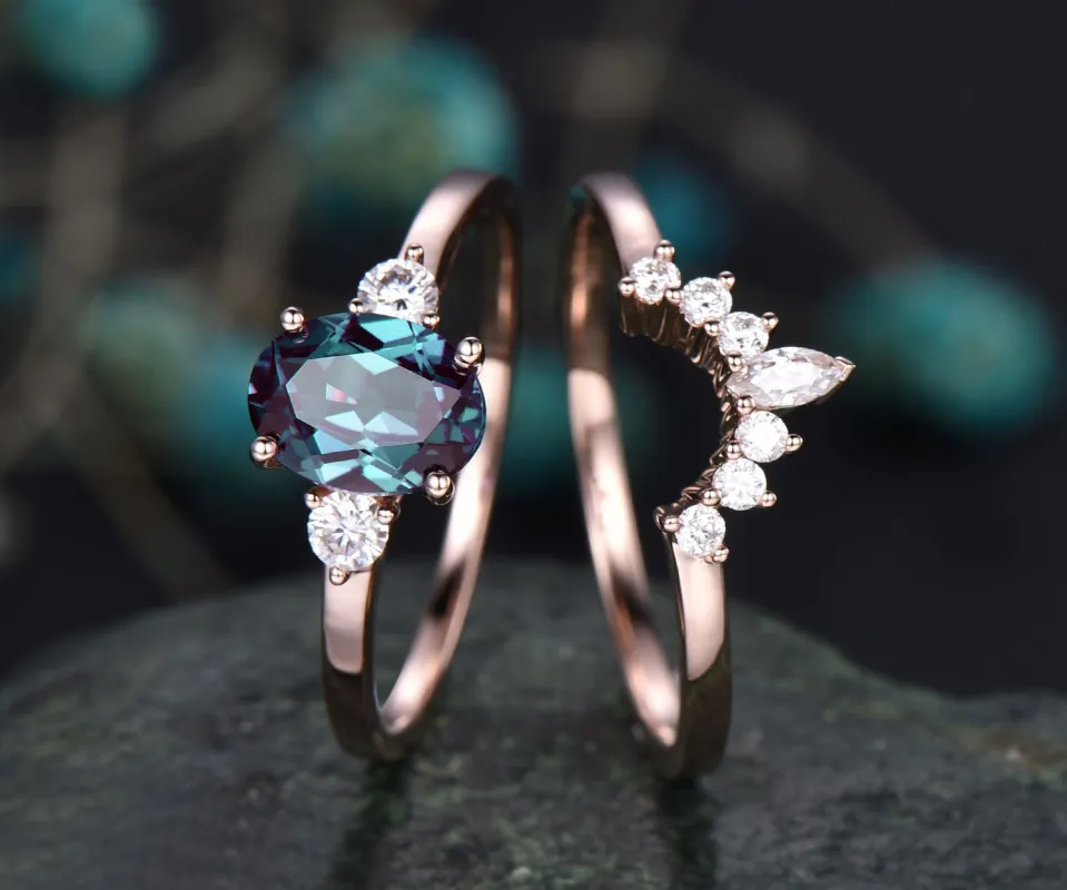 Unique vintage oval cut Alexandrite engagement ring set 14k rose gold Minimalist three stone moissanite bridal wedding ring set for women sold by Willwork Jewelry
