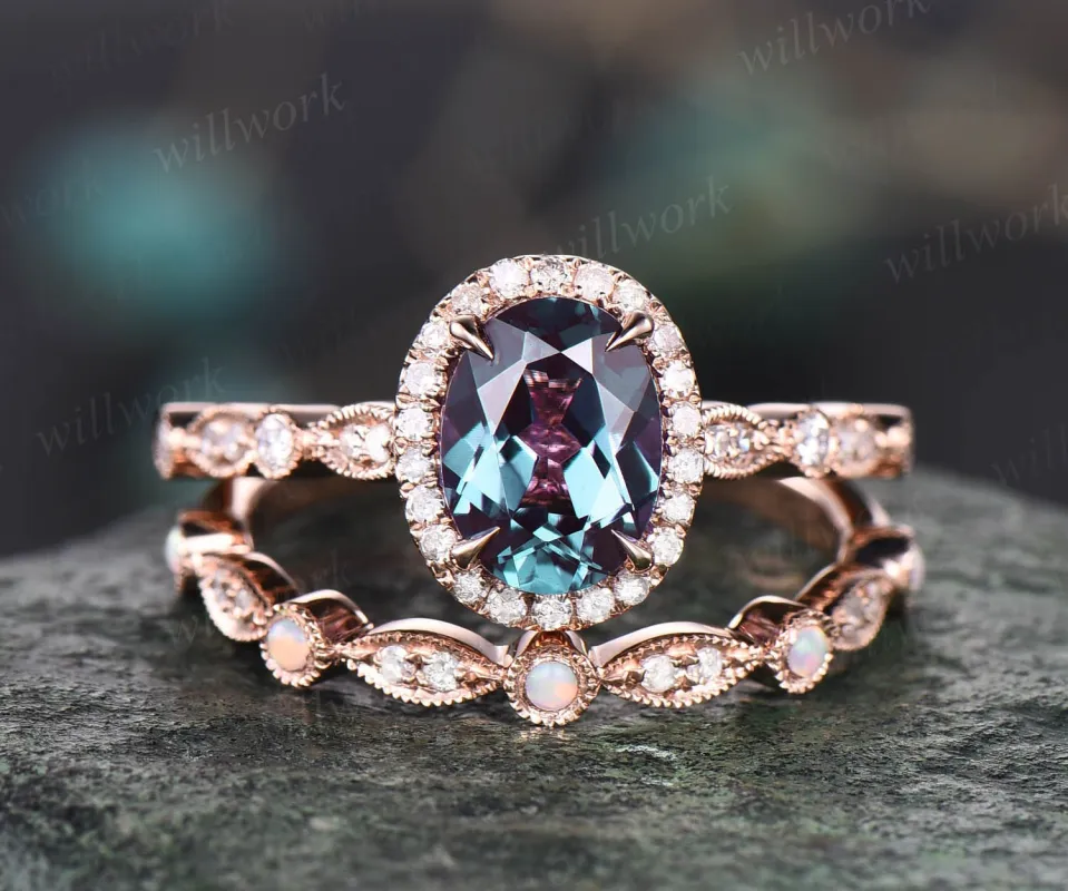 Unique vintage oval alexandrite engagement ring set art deco halo milgrain diamond ring opal ring for women 14k rose gold wedding ring set sold by Willwork Jewelry