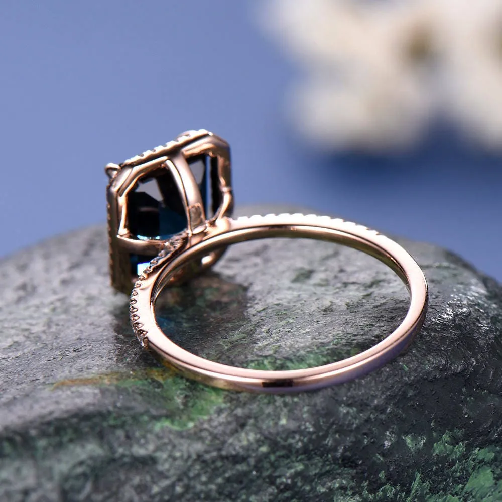 Vintage 8x10mm Emerald Cut London Blue topaz engagement ring topaz ring solid 14k rose gold diamond halo ring bridal wedding set jewelry sold by Willwork Jewelry product image thumbnail 5