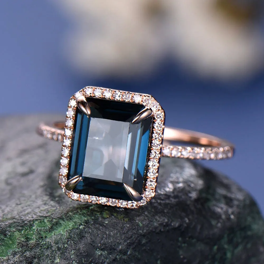 Vintage 8x10mm Emerald Cut London Blue topaz engagement ring topaz ring solid 14k rose gold diamond halo ring bridal wedding set jewelry sold by Willwork Jewelry product image thumbnail 3