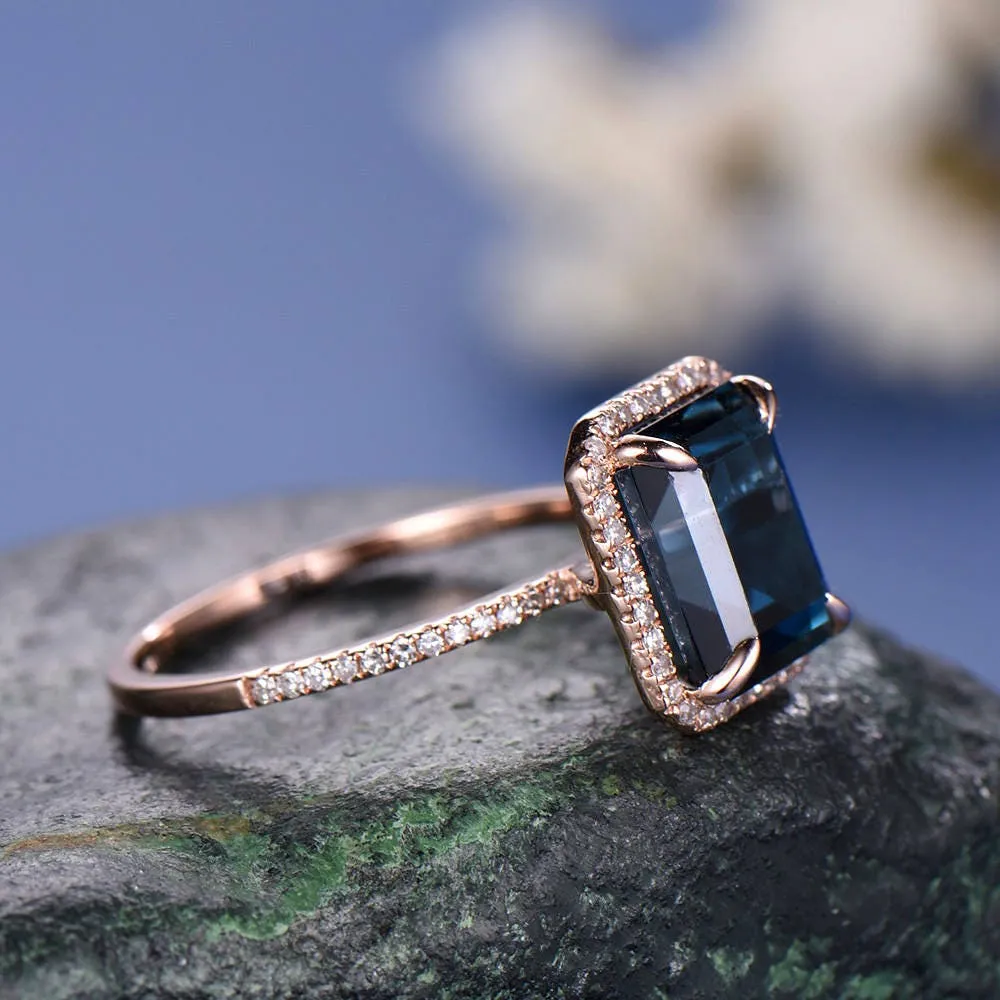 Vintage 8x10mm Emerald Cut London Blue topaz engagement ring topaz ring solid 14k rose gold diamond halo ring bridal wedding set jewelry sold by Willwork Jewelry product image thumbnail 4