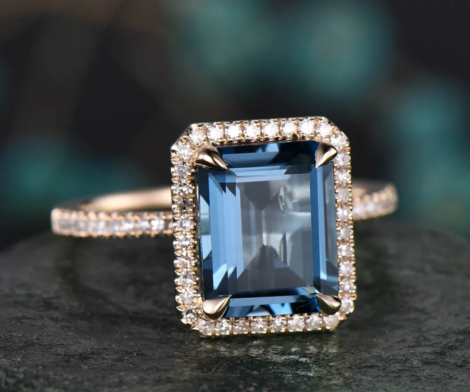 Vintage 8x10mm Emerald Cut London Blue topaz engagement ring topaz ring solid 14k rose gold diamond halo ring bridal wedding set jewelry made by Willwork Jewelry