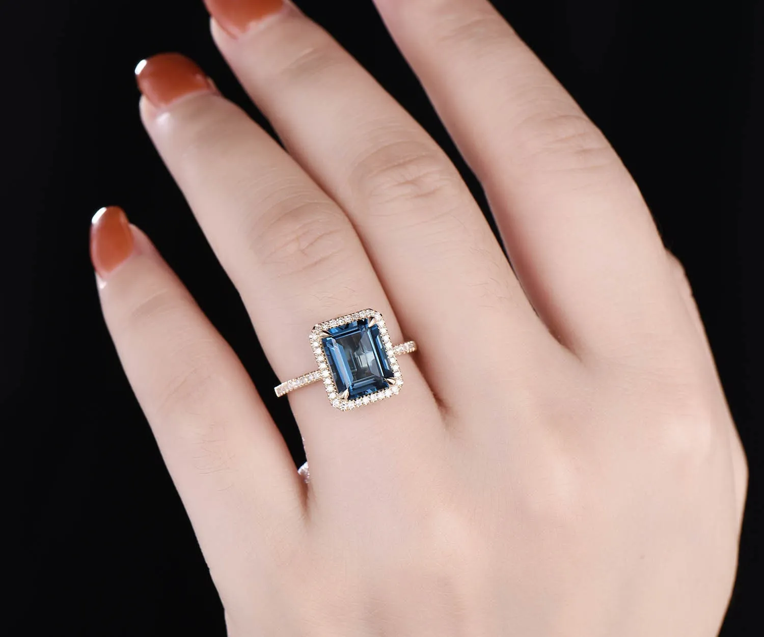 Vintage 8x10mm Emerald Cut London Blue topaz engagement ring topaz ring solid 14k rose gold diamond halo ring bridal wedding set jewelry sold by Willwork Jewelry product image thumbnail 2