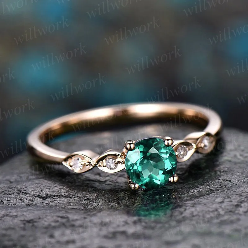 5mm green emerald engagement ring yellow gold tiny marquise diamond wedding ring band May birthstone ring emerald promise ring art deco ring sold by Willwork Jewelry product image thumbnail 3