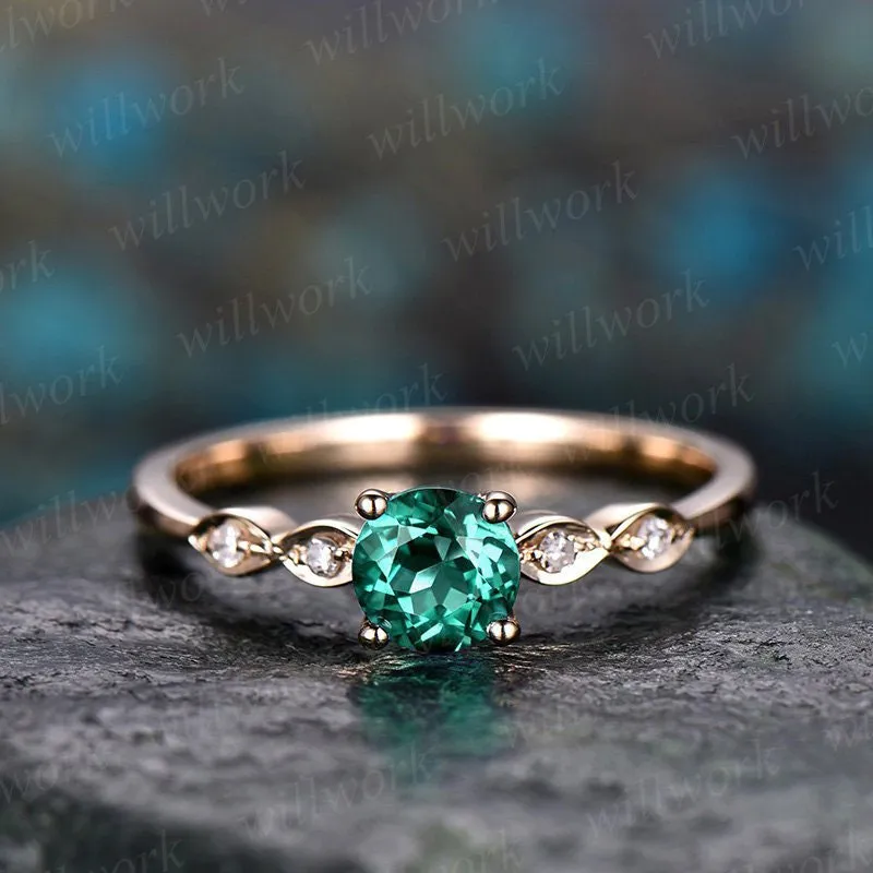 5mm green emerald engagement ring yellow gold tiny marquise diamond wedding ring band May birthstone ring emerald promise ring art deco ring sold by Willwork Jewelry