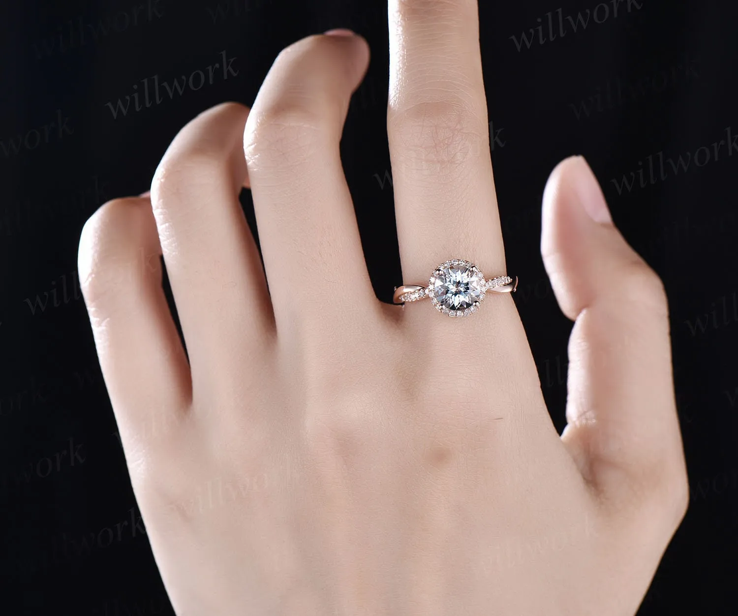 Round aquamarine ring vintage aquamarine engagement ring infinity diamond halo ring rose gold for women March birthstone ring jewelry gift sold by Willwork Jewelry product image thumbnail 2