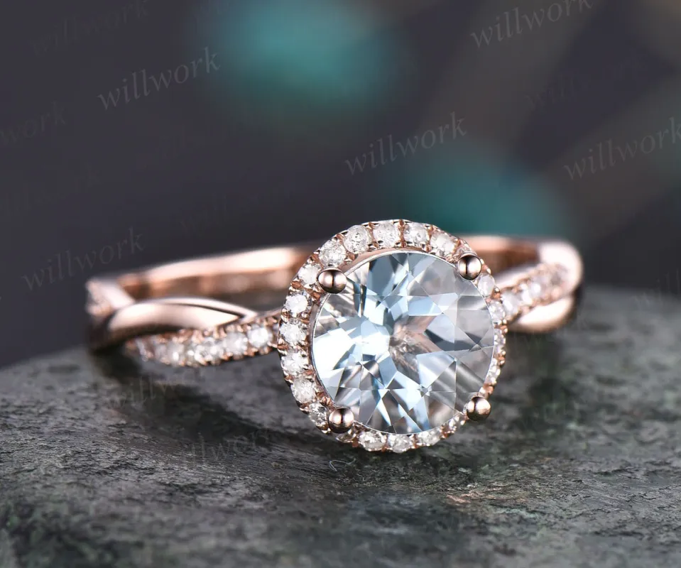Round aquamarine ring vintage aquamarine engagement ring infinity diamond halo ring rose gold for women March birthstone ring jewelry gift sold by Willwork Jewelry