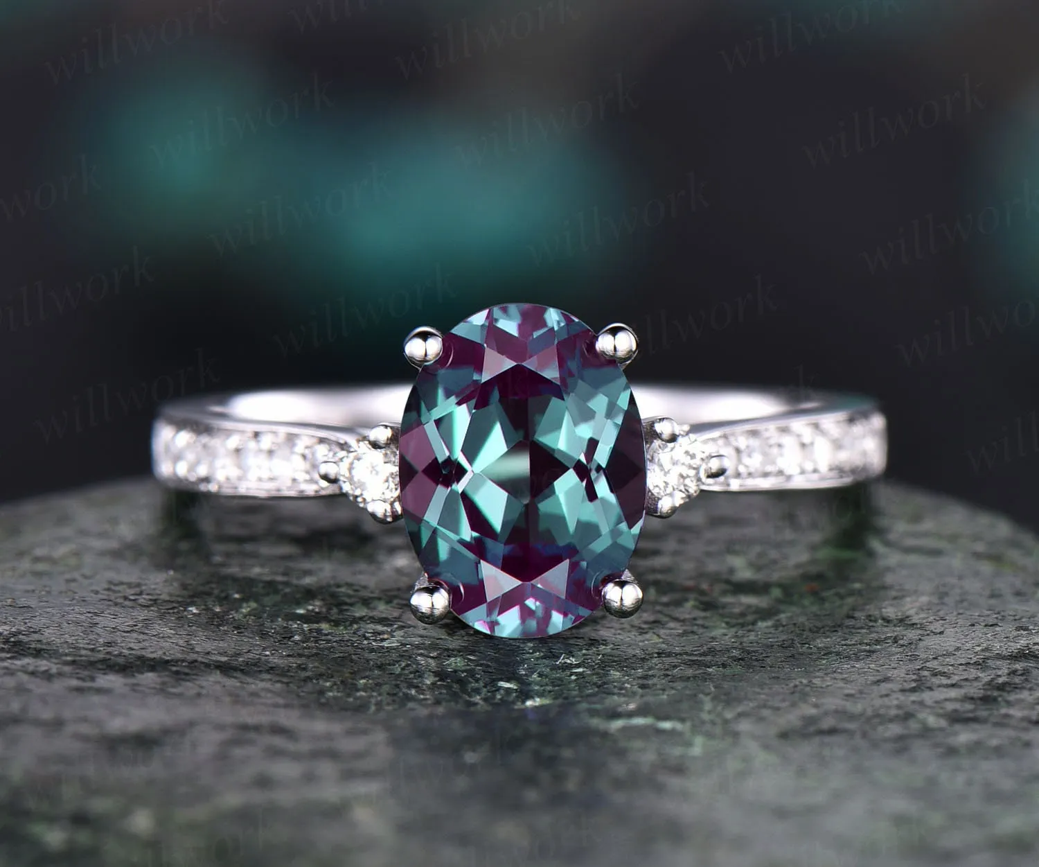 Antique vintage unique Three stone engagement ring oval Alexandrite engagement ring 14k white gold June birthstone moissanite ring jewelry sold by Willwork Jewelry product image thumbnail 3