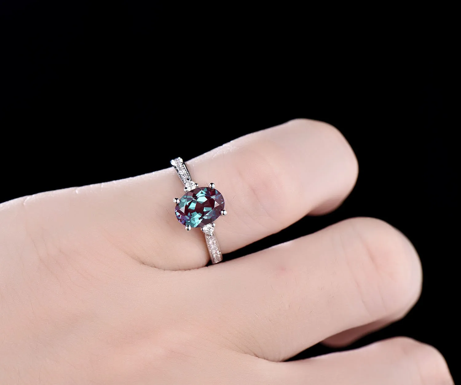 Antique vintage unique Three stone engagement ring oval Alexandrite engagement ring 14k white gold June birthstone moissanite ring jewelry sold by Willwork Jewelry product image thumbnail 2