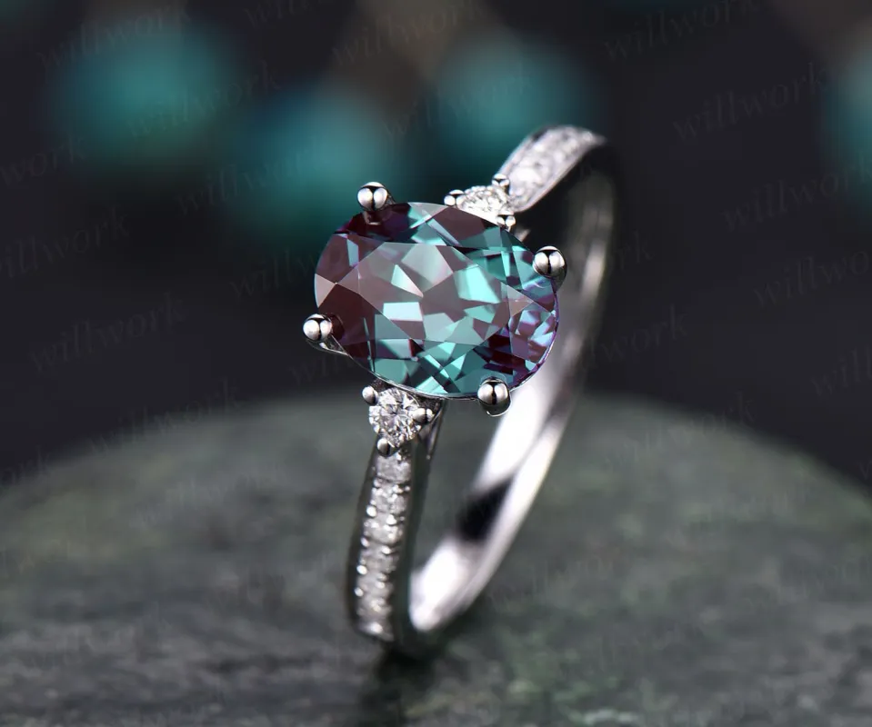 Antique vintage unique Three stone engagement ring oval Alexandrite engagement ring 14k white gold June birthstone moissanite ring jewelry sold by Willwork Jewelry