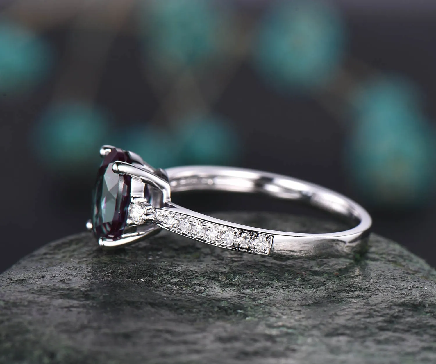 Antique vintage unique Three stone engagement ring oval Alexandrite engagement ring 14k white gold June birthstone moissanite ring jewelry sold by Willwork Jewelry product image thumbnail 5
