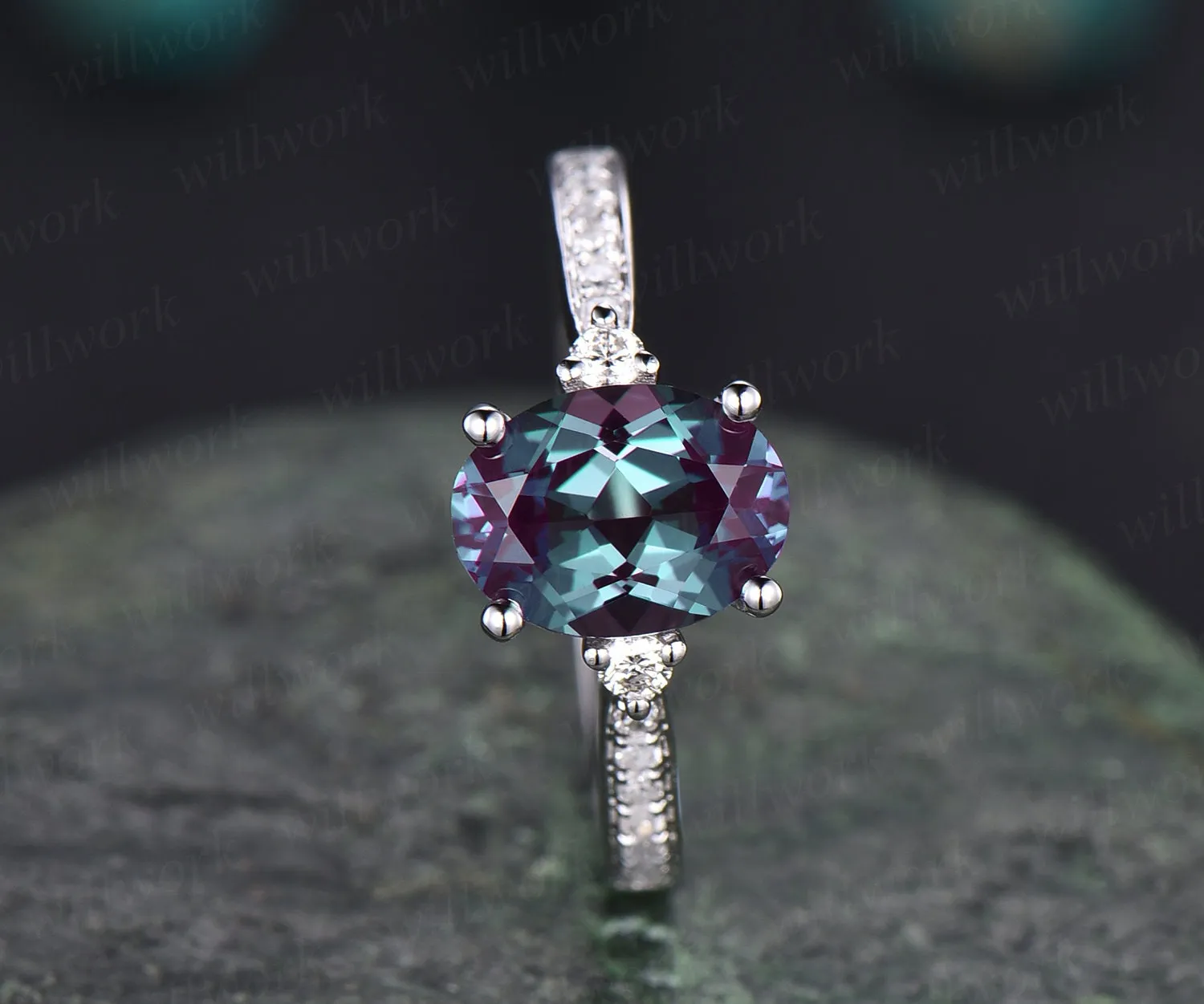 Antique vintage unique Three stone engagement ring oval Alexandrite engagement ring 14k white gold June birthstone moissanite ring jewelry sold by Willwork Jewelry product image thumbnail 4