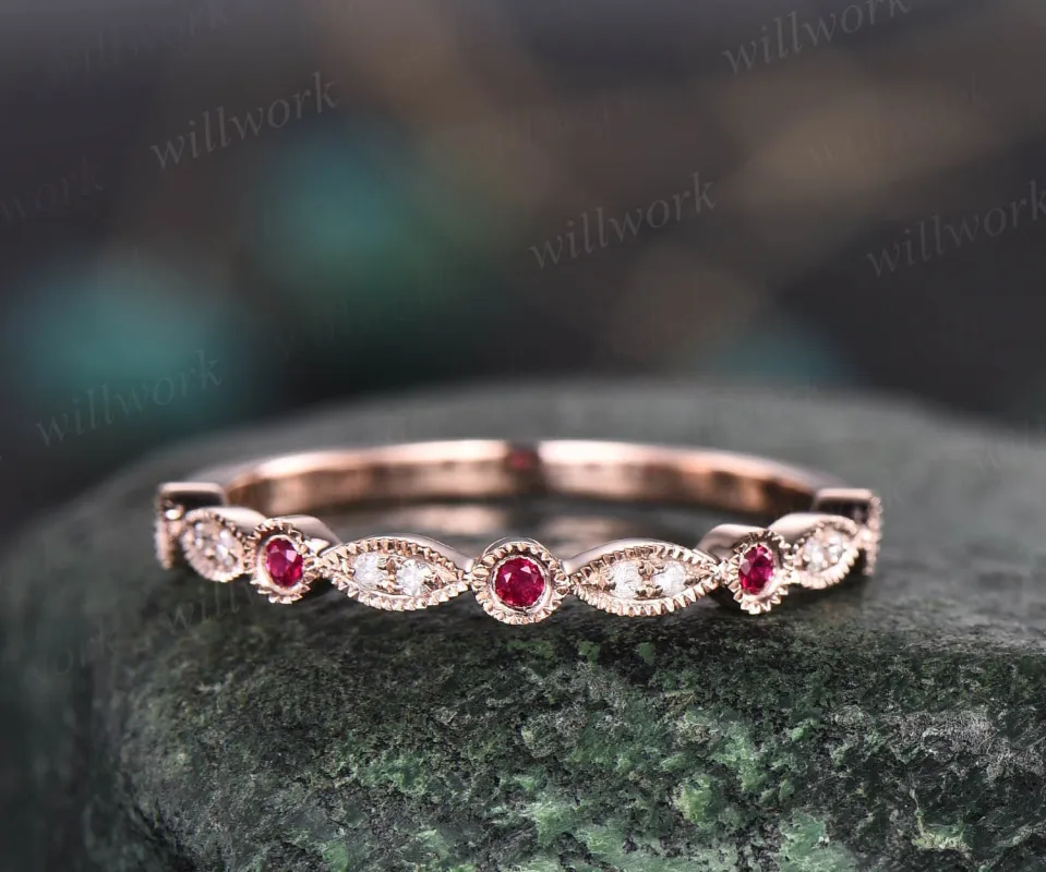 Natural ruby wedding band half eternity diamond wedding ring band 14k rose gold art deco marquise milgrain diamond wedding band bridal ring sold by Willwork Jewelry