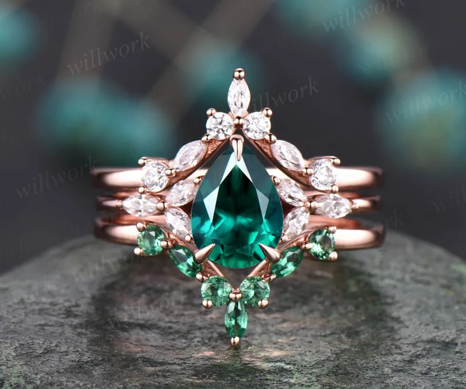 3pcs emerald engagement ring set vintage marquise emerald ring for women rose gold ring unique moissanite ring set bridal wedding ring set sold by Willwork Jewelry