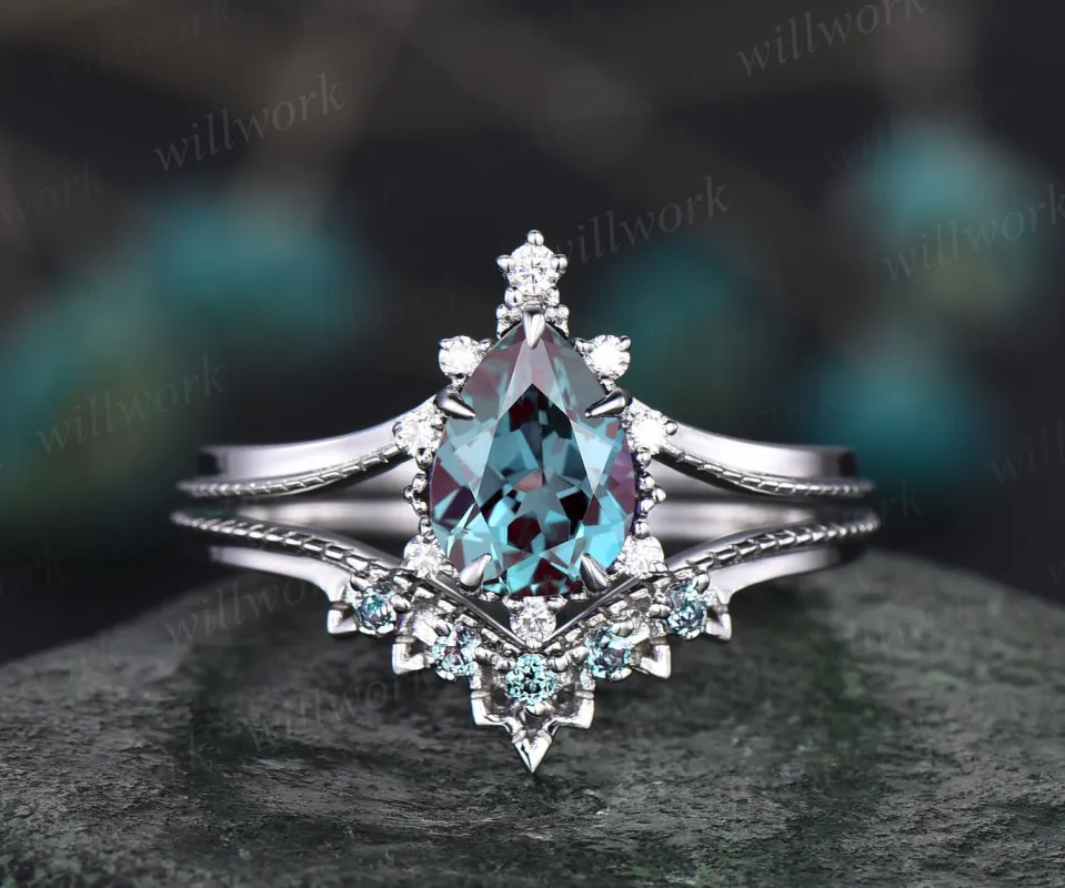 Pear Alexandrite ring gold silver for women vintage Alexandrite engagement ring set white gold milgrain cluster moissanite wedding ring set sold by Willwork Jewelry
